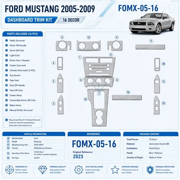 Ford Mustang 2005–2009 3D sada dekorov interiéru palubnej dosky 16-dielna