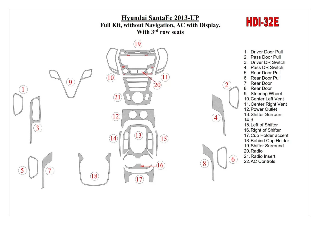 Kompletná sada Hyundai Santa Fe 2013-UP, bez NAVI, klimatizácia s displejom, s 3 radmi sedadiel Interiér BD Dash Dem Kit - 1