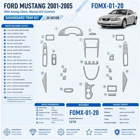 Ford Mustang 2001–2005 3D sada dekorov interiéru palubnej dosky 20-dielna