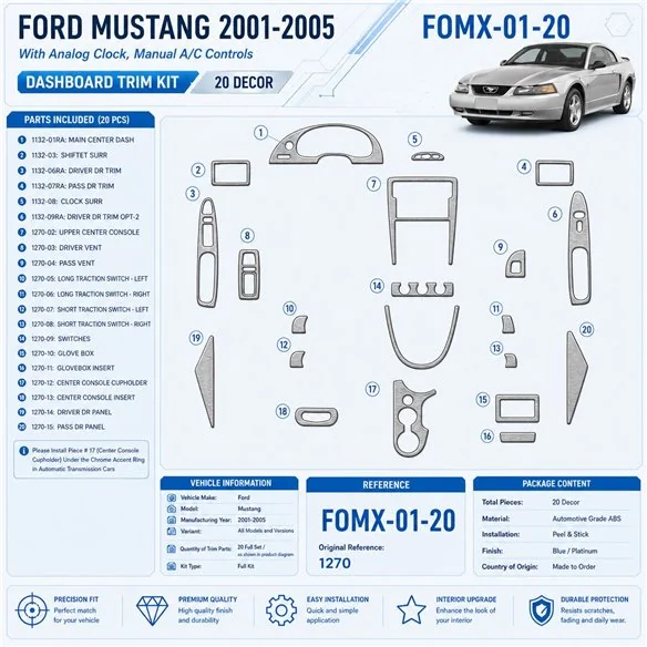 Ford Mustang 2001–2005 3D sada dekorov interiéru palubnej dosky 20-dielna