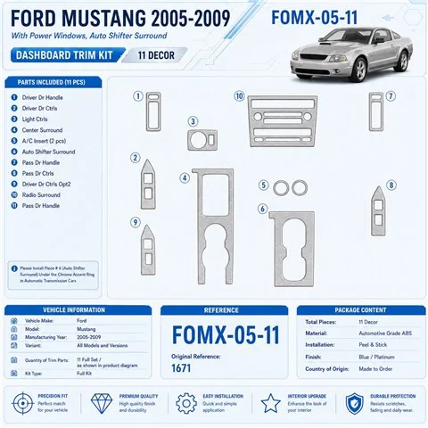 Ford Mustang 2005–2009 3D sada dekorov interiéru palubnej dosky 11-dielna
