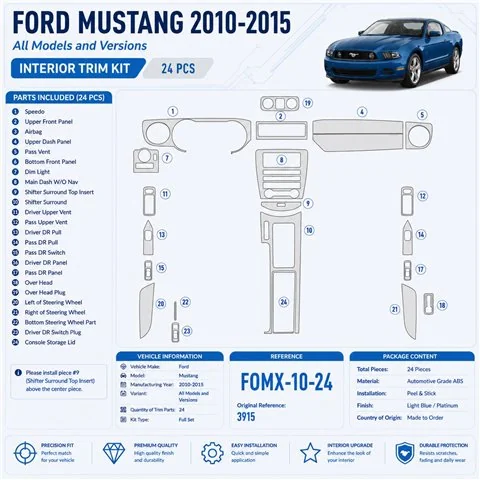 Ford Mustang 2010–2015 3D sada dekorov interiéru palubnej dosky 24-dielna