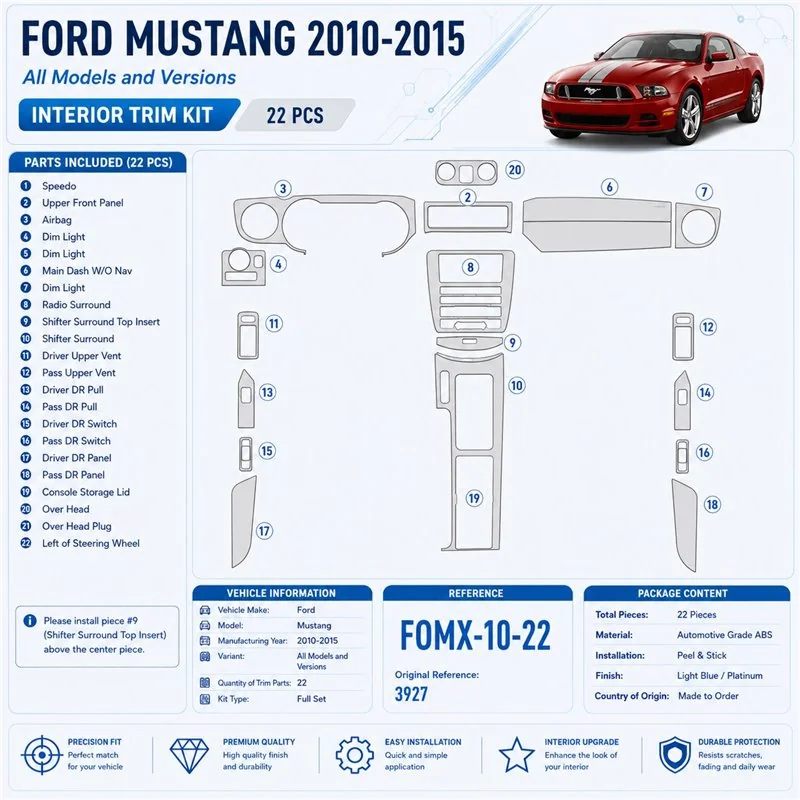 Ford Mustang 2010–2015 3D sada dekorov interiéru palubnej dosky 22-dielna