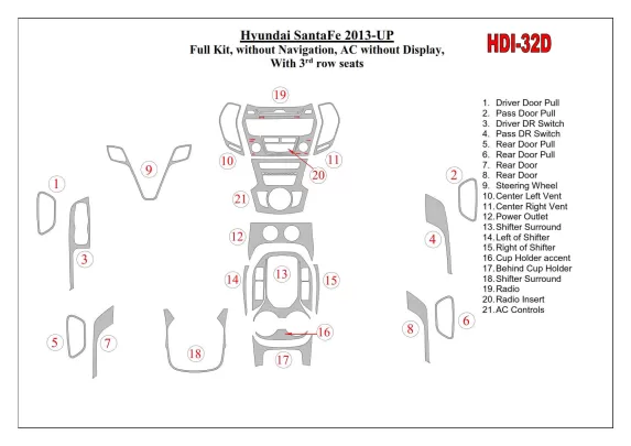 Kompletná súprava Hyundai Santa Fe 2013-UP, bez NAVI, klimatizácie bez displeja, s 3 radmi sedadiel Interiér BD Dash Trim Kit - 