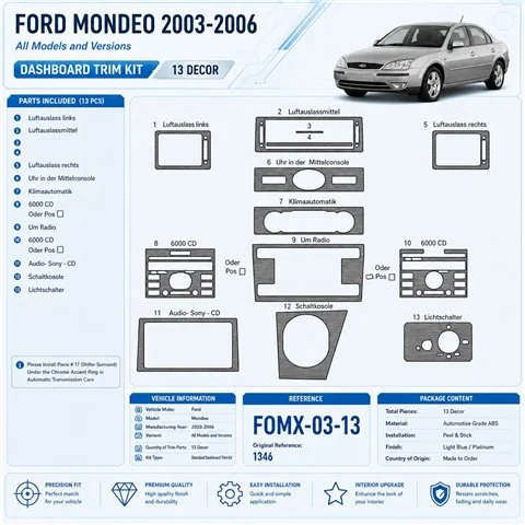 Ford Mondeo 2003–2006 3D sada dekorov interiéru palubnej dosky 13-dielna