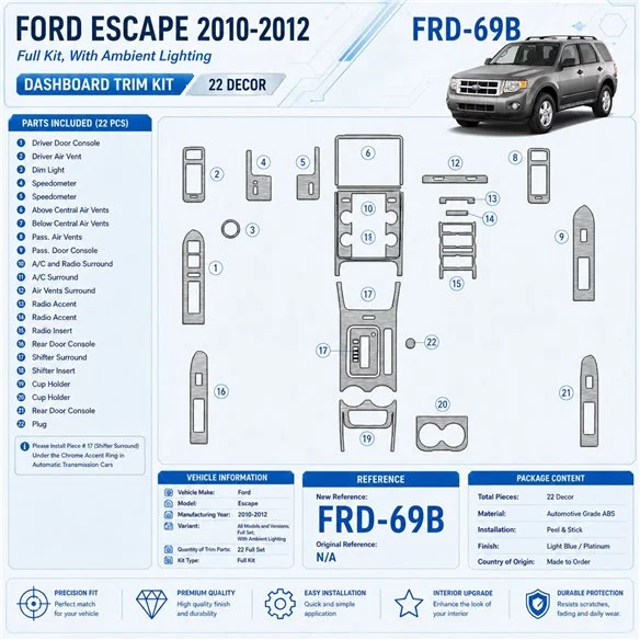 Ford Escape 2010–2012 kompletná sada With lighting Ambient lighting 3D sada dekorov interiéru palubnej dosky kompletná sada / po