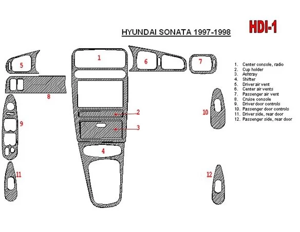 Hyundai Sonata 1997-1998 Kompletná sada, 12 dielov Interiér BD Dash Trim Kit - 1