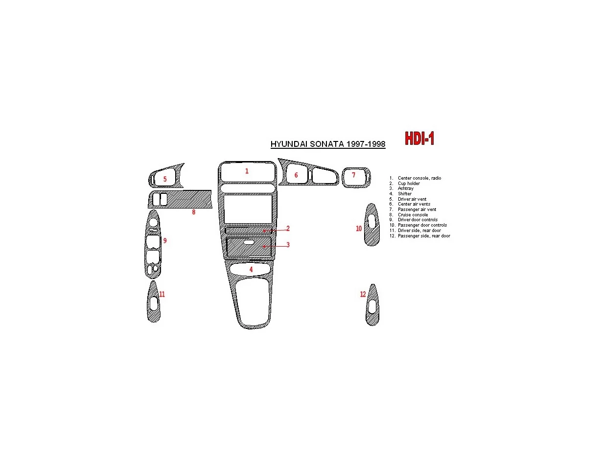 Hyundai Sonata 1997-1998 Kompletná sada, 12 dielov Interiér BD Dash Trim Kit - 1