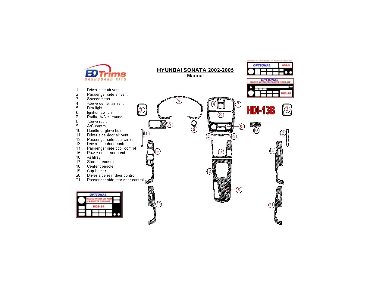 Hyundai Sonata 2002-2005 Pre interiér manuálnej prevodovky BD Dash Trim Kit - 1