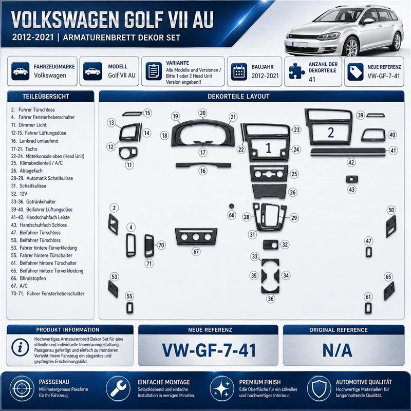 Volkswagen Golf VII AU 2012–2021 3D sada dekorov interiéru palubnej dosky 41-dielna