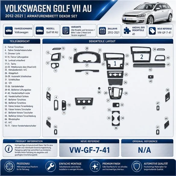 Volkswagen Golf VII AU 2012–2021 3D sada dekorov interiéru palubnej dosky 41-dielna