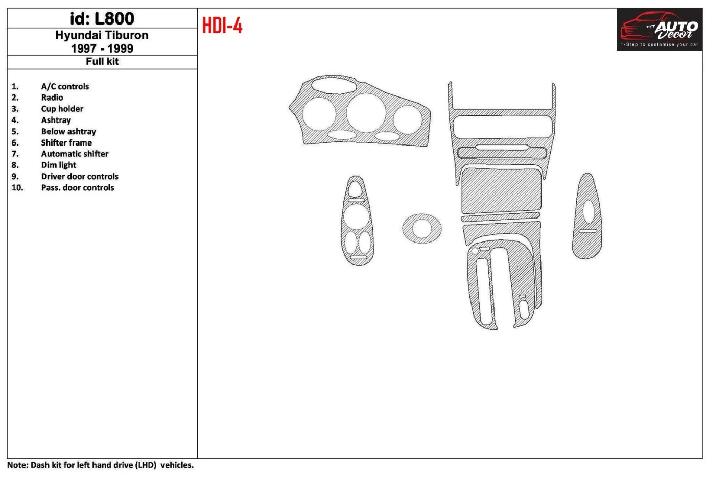 Hyundai Tiburon 1997-1999 Kompletná sada, 10 dielov Súprava interiéru BD Dash Trim Kit - 1