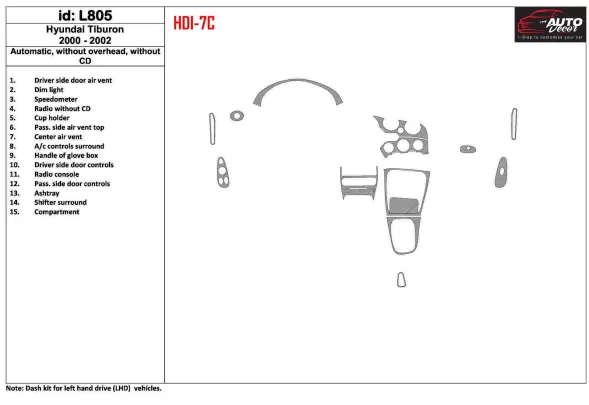 Hyundai Tiburon 2000-2002 automatická prevodovka, bez CD, sada 15 dielov Interiér BD Dash Trim Kit - 1