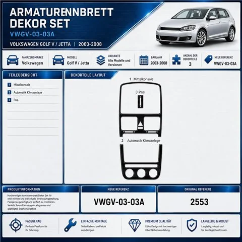 Volkswagen Golf V Jetta 2003–2008 automatic AC 3D sada dekorov interiéru palubnej dosky 3-dielna