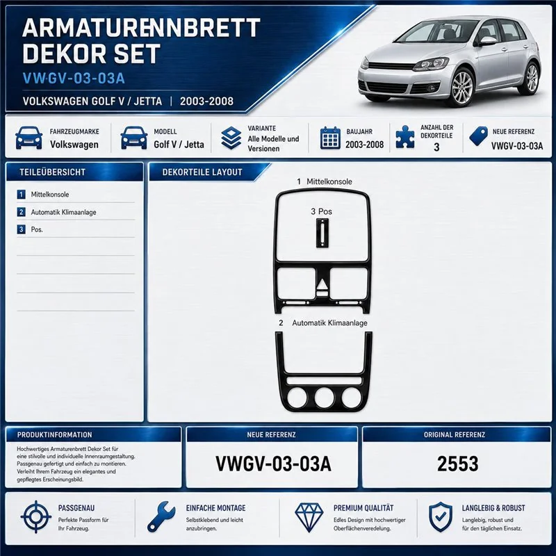 Volkswagen Golf V Jetta 2003–2008 automatic AC 3D sada dekorov interiéru palubnej dosky 3-dielna