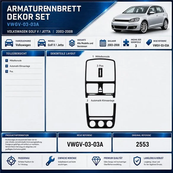 Volkswagen Golf V Jetta 2003–2008 automatic AC 3D sada dekorov interiéru palubnej dosky 3-dielna