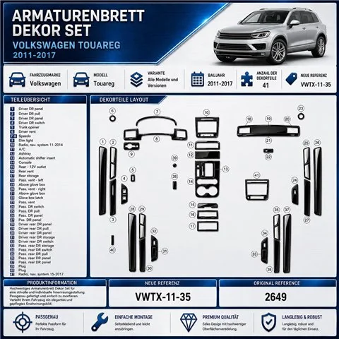 Volkswagen Touareg 2011–2017 3D sada dekorov interiéru palubnej dosky 35-dielna