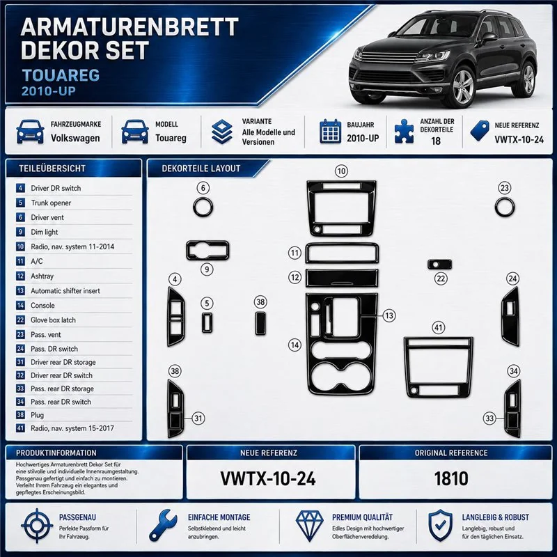 Volkswagen Toureg od 2010 3D sada dekorov interiéru palubnej dosky 24-dielna
