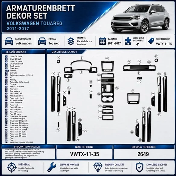 Volkswagen Touareg 2011–2017 3D sada dekorov interiéru palubnej dosky 35-dielna