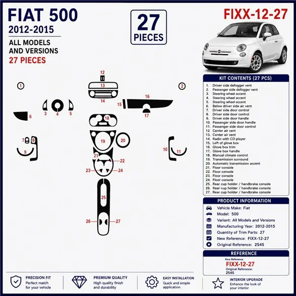Fiat 500 2012-2015 3D dekor palubnej dosky, 27 dielov