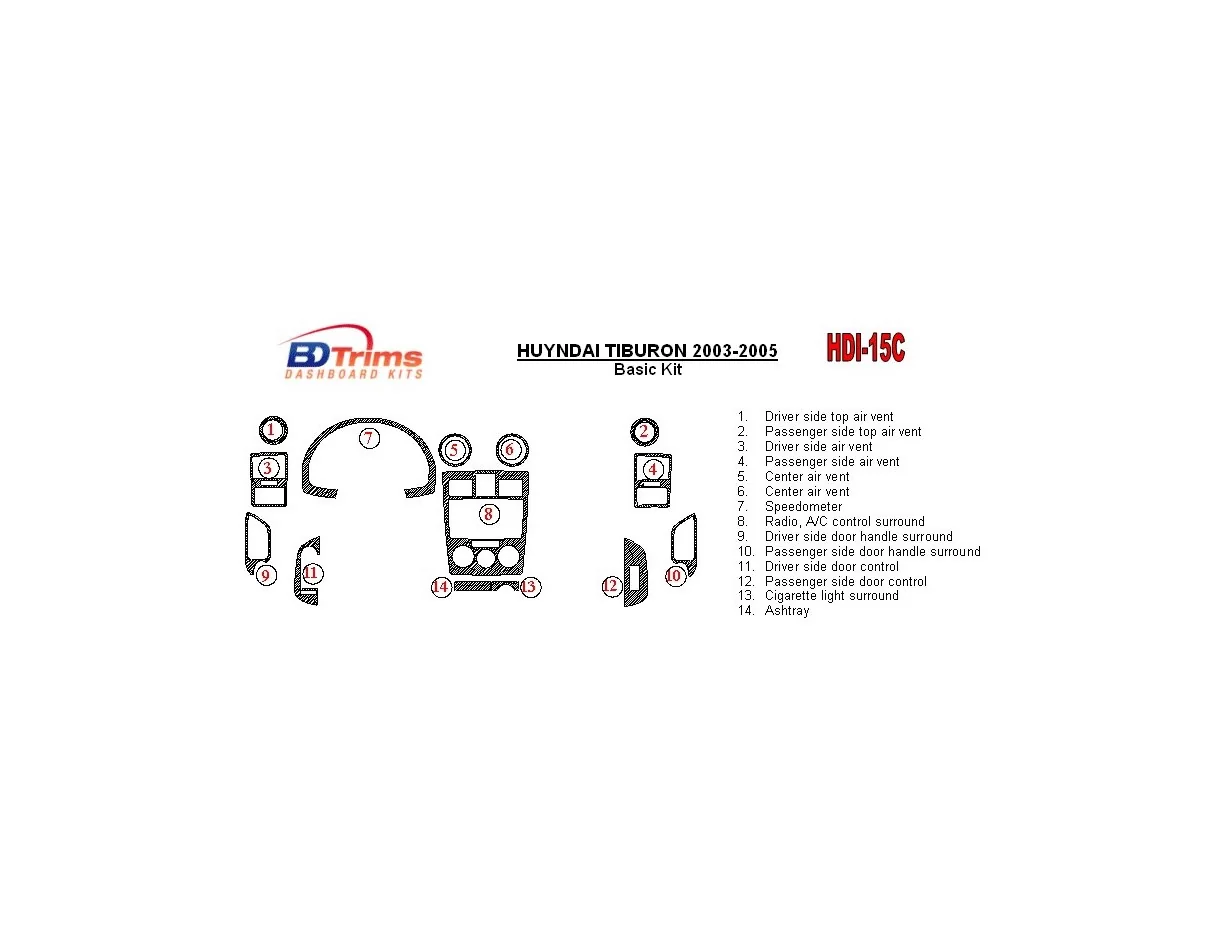 Základná sada Hyundai Tiburon 2003-2005, sada 16 dielov Interiér BD Dash Trim Kit - 1
