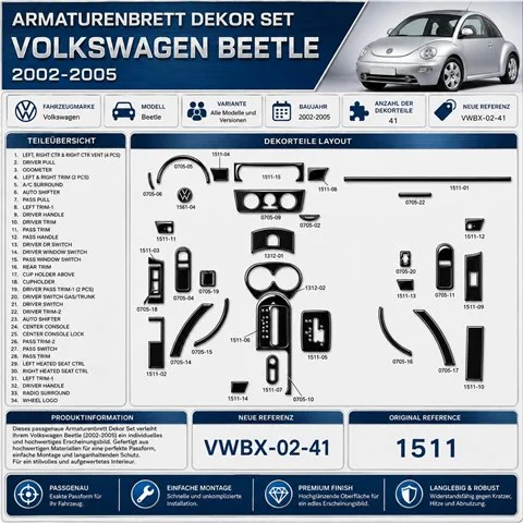 Volkswagen Beetle 2002–2005 3D sada dekorov interiéru palubnej dosky 41-dielna