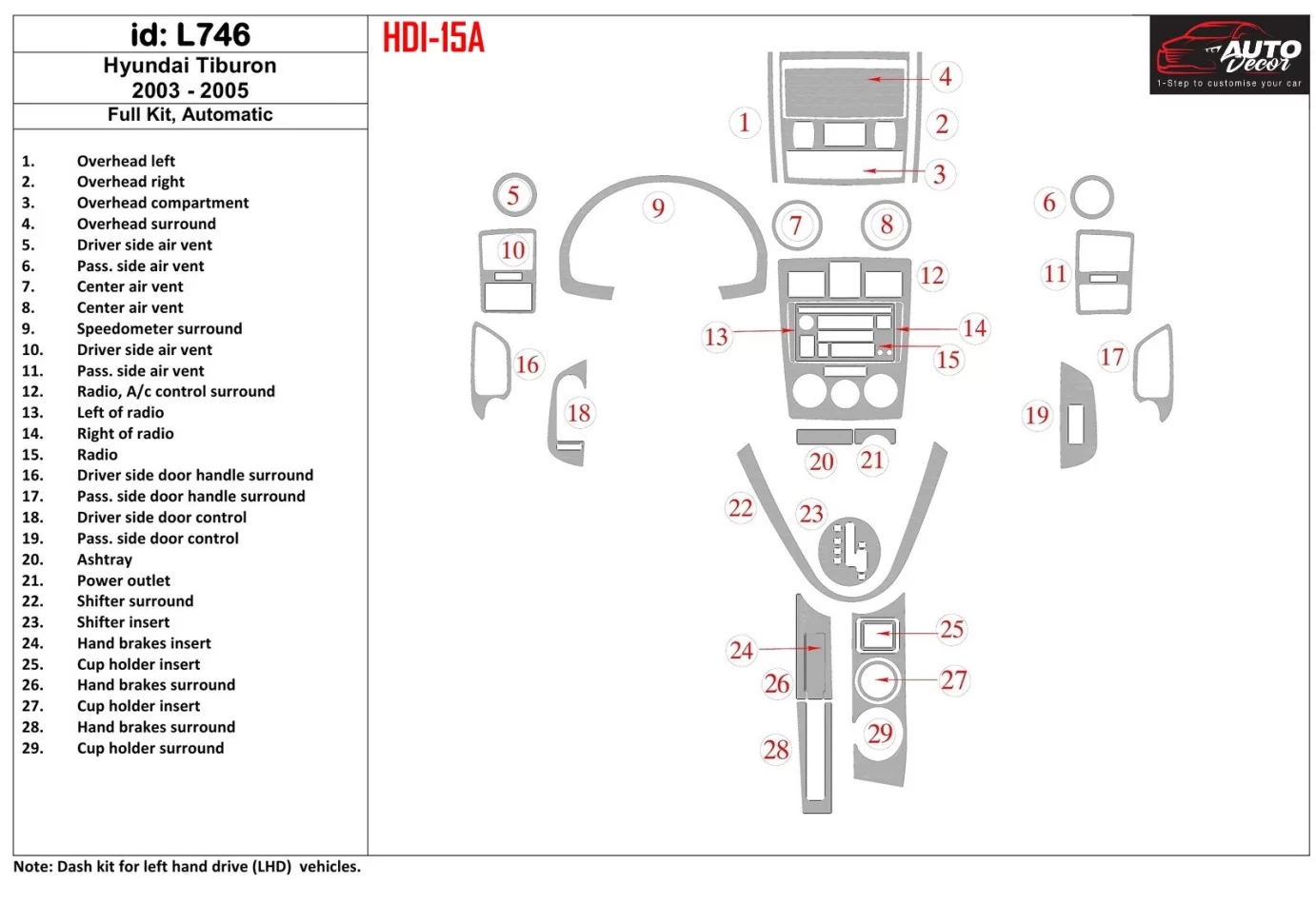 Hyundai Tiburon 2003-2005 Kompletná sada, interiér automatickej prevodovky BD Dash Dekor Kit - 1