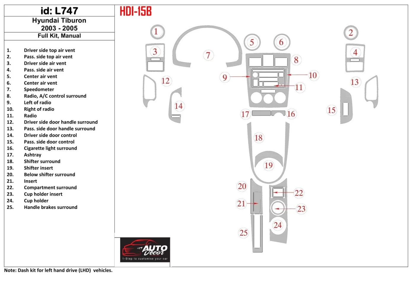 Hyundai Tiburon 2003-2005 Kompletná sada, interiér manuálnej prevodovky BD Dash Dekor Kit - 1