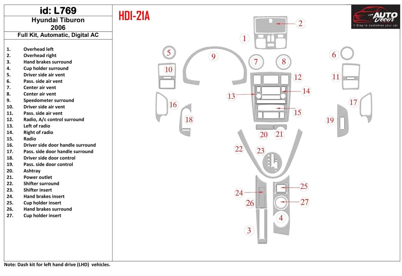 Kompletná súprava Hyundai Tiburon 2006-2006, automatická, automatická klimatizácia interiéru BD Dash Trim Kit - 1