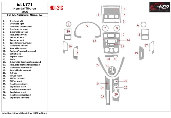 Kompletná sada Hyundai Tiburon 2006-2006, automatická, manuálna prevodovka AC interiér BD Dash Dem Dem Kit - 1