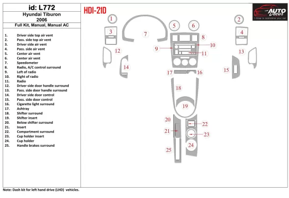 Hyundai Tiburon 2006-2006 kompletná sada, manuálna prevodovka, manuálna prevodovka AC interiér BD Dash Trim Kit - 1 Hyundai Tiburon 2006-2006 kompletná sada, manuálna prevodovka, manuálna prevodovka AC interiér BD Dash Trim Kit - 1