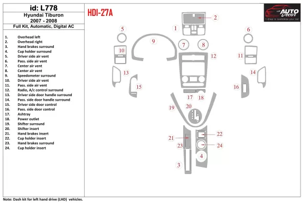 Hyundai Tiburon 2007-2008 Kompletná sada, Automatická prevodovka, Automatická súprava klimatizácie interiéru BD Dash Trim Kit - 