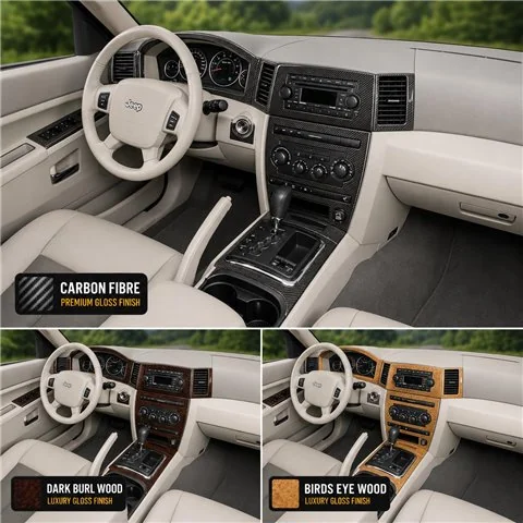 Jeep Grand Cherokee 2005–2007 kompletná sada; bez navigácie NAVI 3D sada dekorov interiéru palubnej dosky kompletná sada / podľa 2