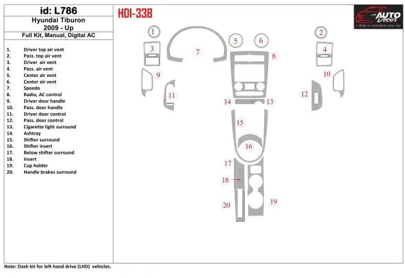 Hyundai Tiburon 2009-UP Full Kir, manuálna prevodovka, Automatická súprava klimatizácie interiéru BD Dash Trim Kit - 1 Hyundai Tiburon 2009-UP Full Kir, manuálna prevodovka, Automatická súprava klimatizácie interiéru BD Dash Trim Kit - 1