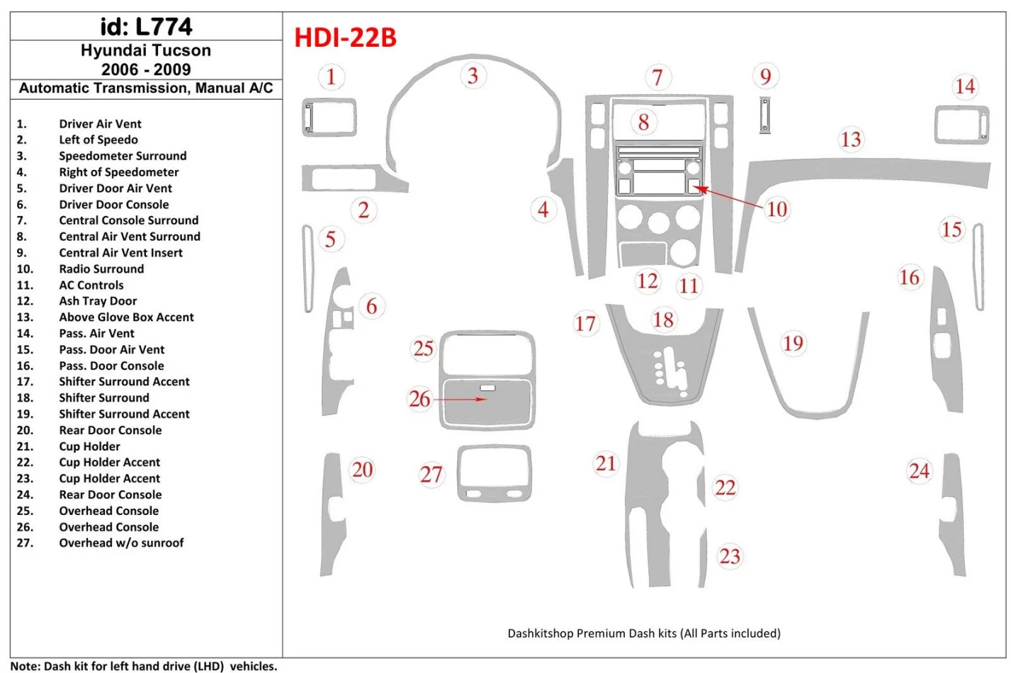 Hyundai Tucson 2006-2009 automatická prevodovka, manuálna prevodovka AC ovládanie interiéru BD súprava obloženia palubnej dosky 