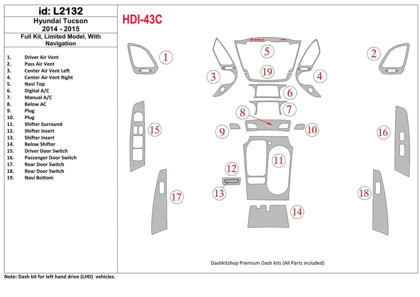 Kompletná sada Hyundai Tucson 2014-2015, bez NAVI, limitovaný model interiéru BD Dash Trim Kit - 1