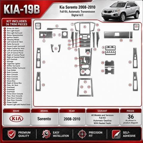 Kia Sorento 2008–2010 Ful Kit; Automatic Gearbox,with Heated Seats 3D sada dekorov interiéru palubnej dosky podľa produktového n