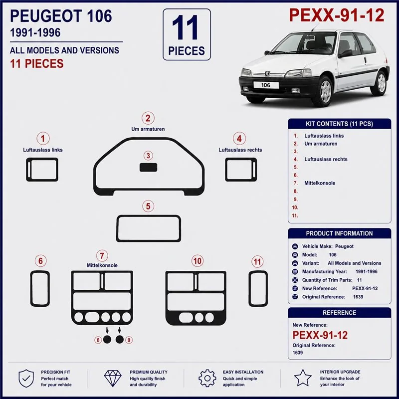 Peugeot 106 1991-1996 3D dekor palubnej dosky, 12 dielov