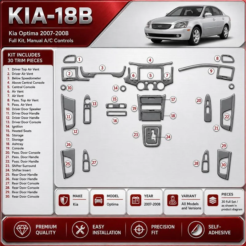 Kia Optima 2007–2008 kompletná sada; Manual Gearbox A/C Controls 3D sada dekorov interiéru palubnej dosky kompletná sada / podľa
