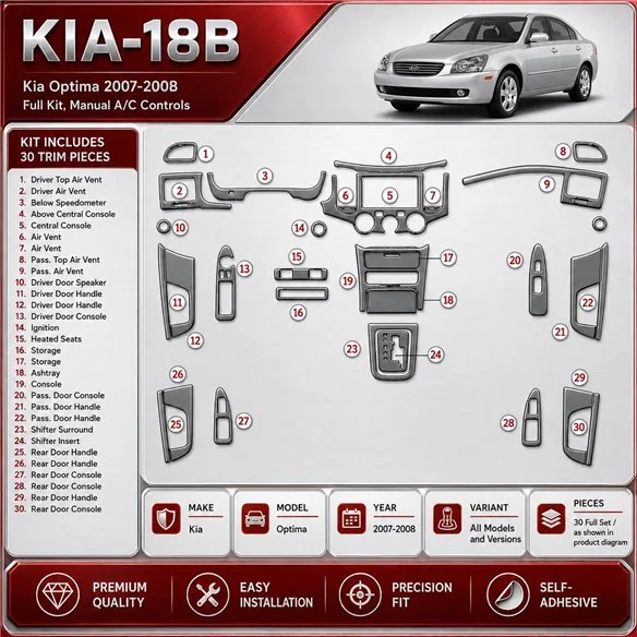 Kia Optima 2007–2008 kompletná sada; Manual Gearbox A/C Controls 3D sada dekorov interiéru palubnej dosky kompletná sada / podľa
