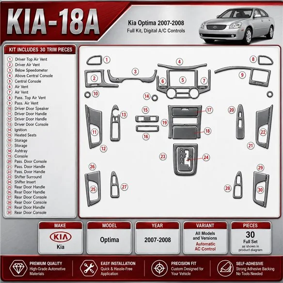 Kia Optima 2007–2008 kompletná sada; Automatic AC Control 3D sada dekorov interiéru palubnej dosky kompletná sada / podľa produk