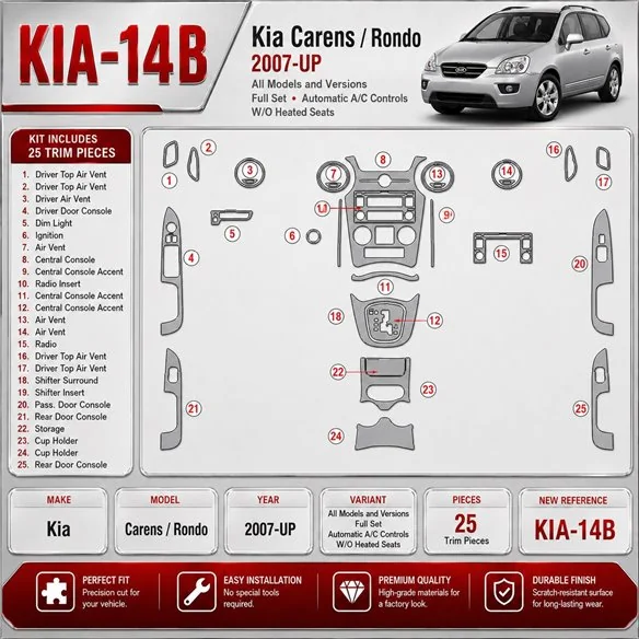 Kia Carens/Rondo od 2007 kompletná sada; Automatic A/C Controls; W/O Heated Seats 3D sada dekorov interiéru palubnej dosky kompl