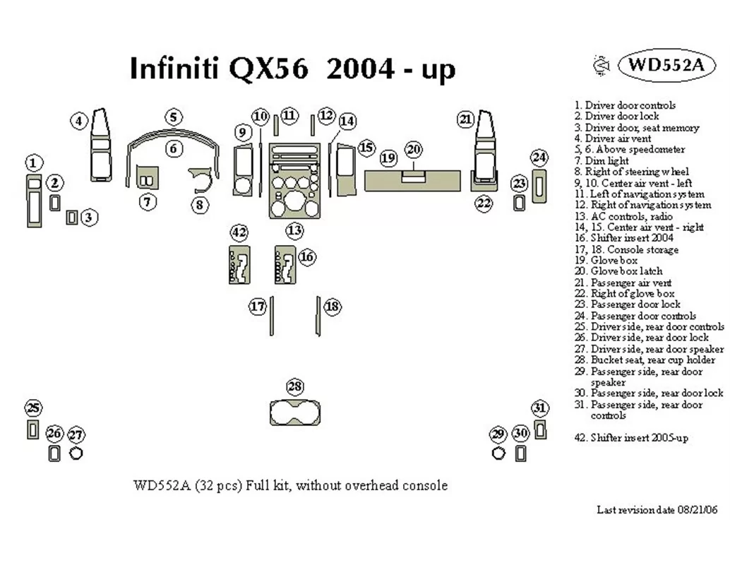 Infiniti QX56 2004-2007 Kompletná súprava vnútorného obloženia palubnej dosky BD - 1