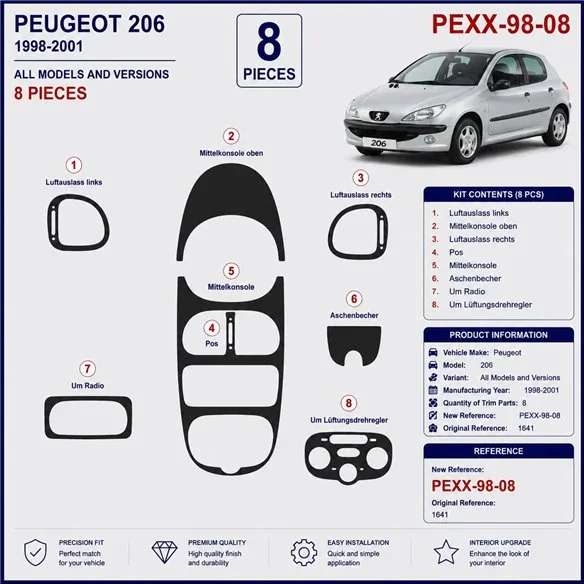 Peugeot 206 1998-2001 3D dekor palubnej dosky, 8 dielov