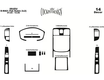 Isuzu D-Max Cab 4X2 01.05-12.06 3D Súprava obloženia palubnej dosky interiéru Dekorácia palubnej dosky 14 dielov