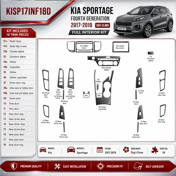 Kia Sportage 2017–2019 Digi-Clima 3D sada dekorov interiéru palubnej dosky 18-dielna