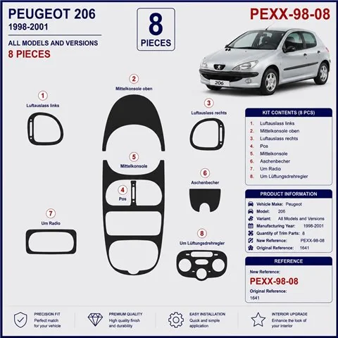 Peugeot 206 2001-2010 3D dekor palubnej dosky, 10 dielov 2