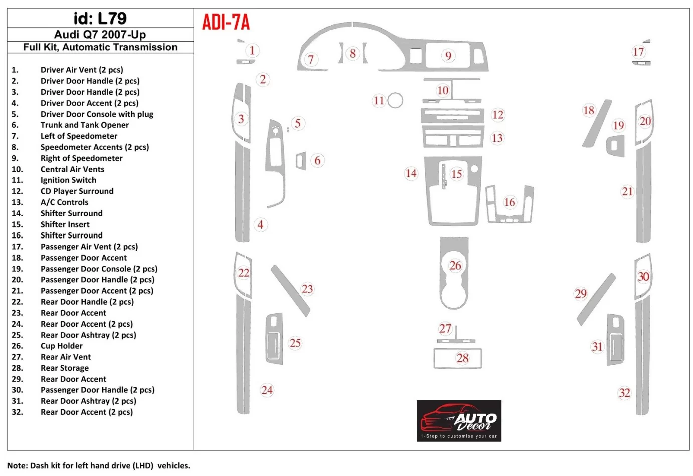 Kompletná sada Audi Q7 2007-UP, automatická prevodovka, hliníkový OEM interiér BD Dash Trim Kit - 1