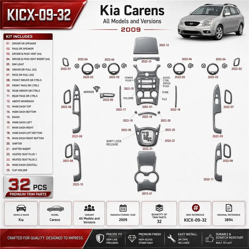 Kia Carens 2009 3D sada dekorov interiéru palubnej dosky 32-dielna