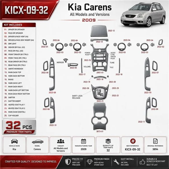 Kia Carens 2009 3D sada dekorov interiéru palubnej dosky 32-dielna